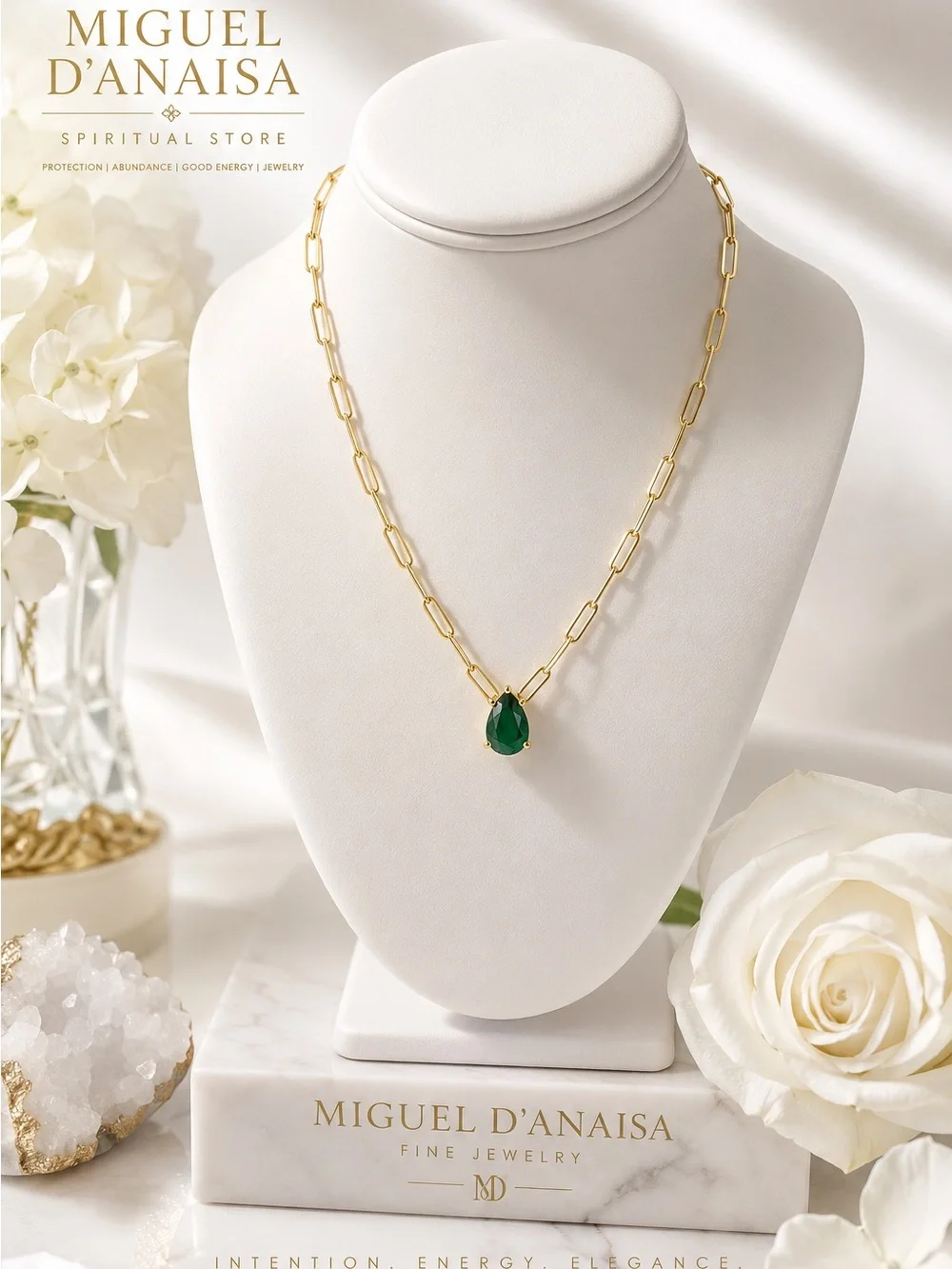 Gold Chain Necklace with Green Teardrop Pendant